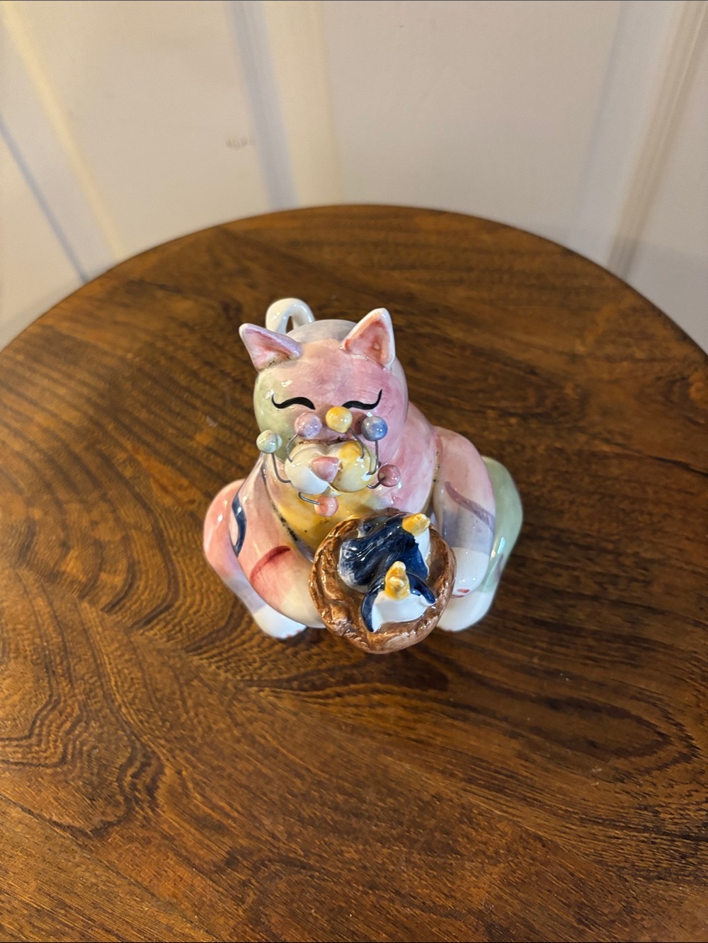 Whimsical Hand-Painted Ceramic Cat Figurine in Pink, Cream & Blue